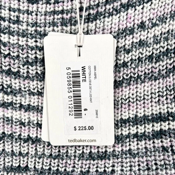 TED BAKER Aspel Puff Sleeve Sweater Womens 12 14 White Gray Marled Tie Back Knit - Picture 12 of 16